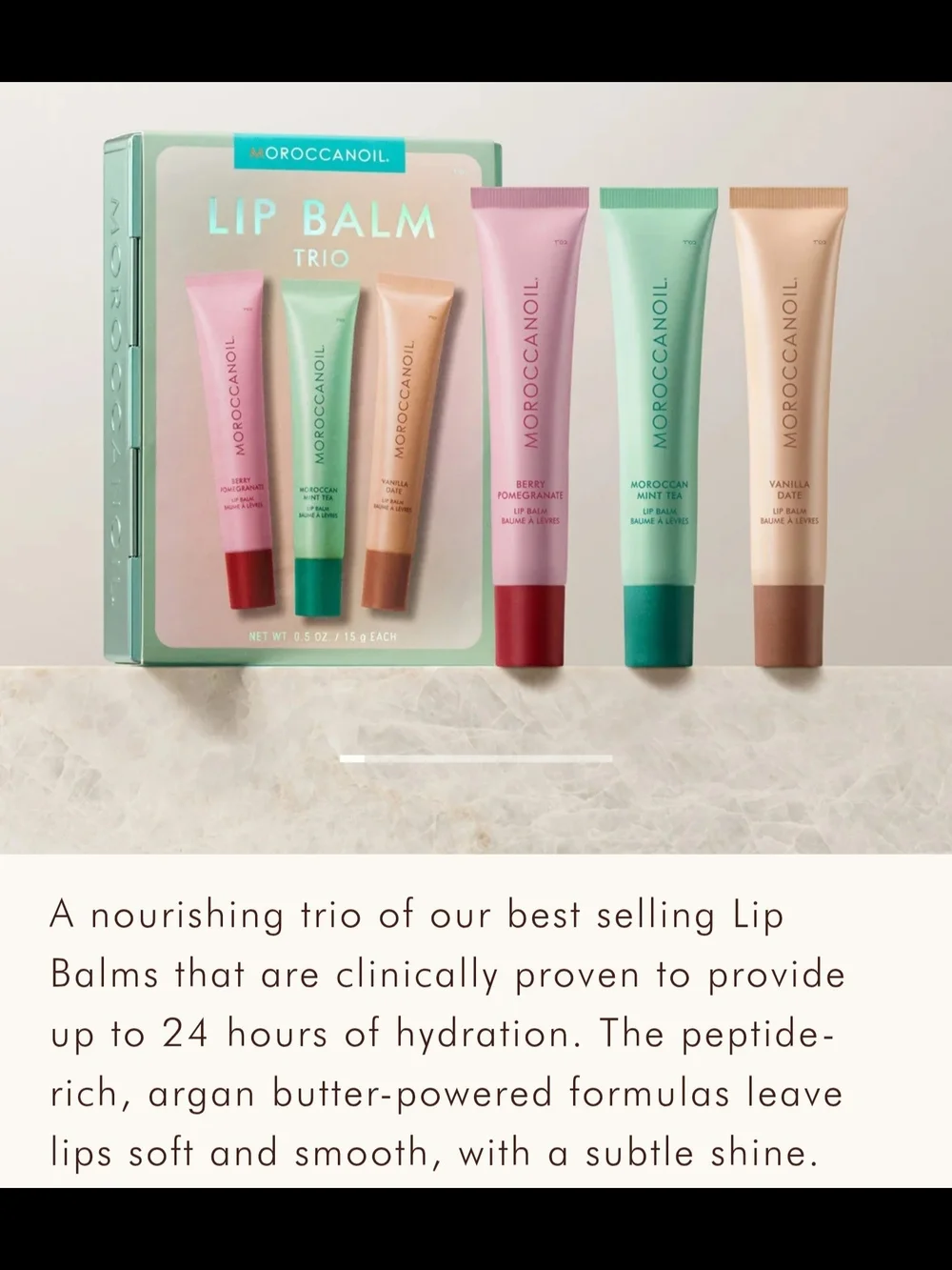 Moroccanoil Lip Balm Trio — Pink, Mint & Beige Hydrating Balms